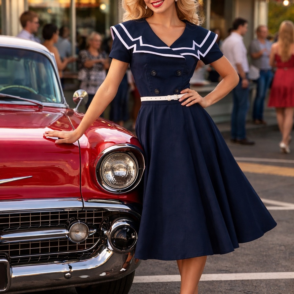 Bettie Page Carpin Circle Dress Navy White Nautical 50s Retro NWT Size XL